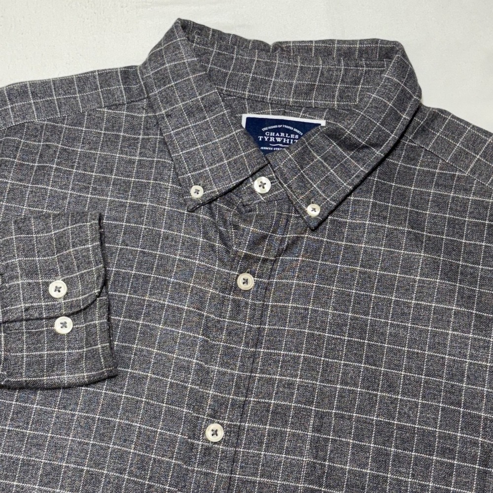 Charles Tyrwhitt Shirt Mens XL Grey Windowpane Classic Fit Non-Iron‎ Cotton Grid